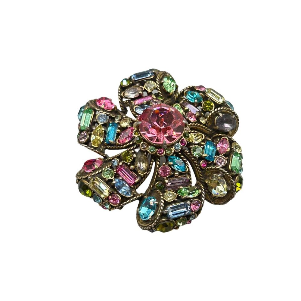 Vtg Hollycraft Pin Brooch Flower Glowing Green Stones Pink Pastels Rhinestones